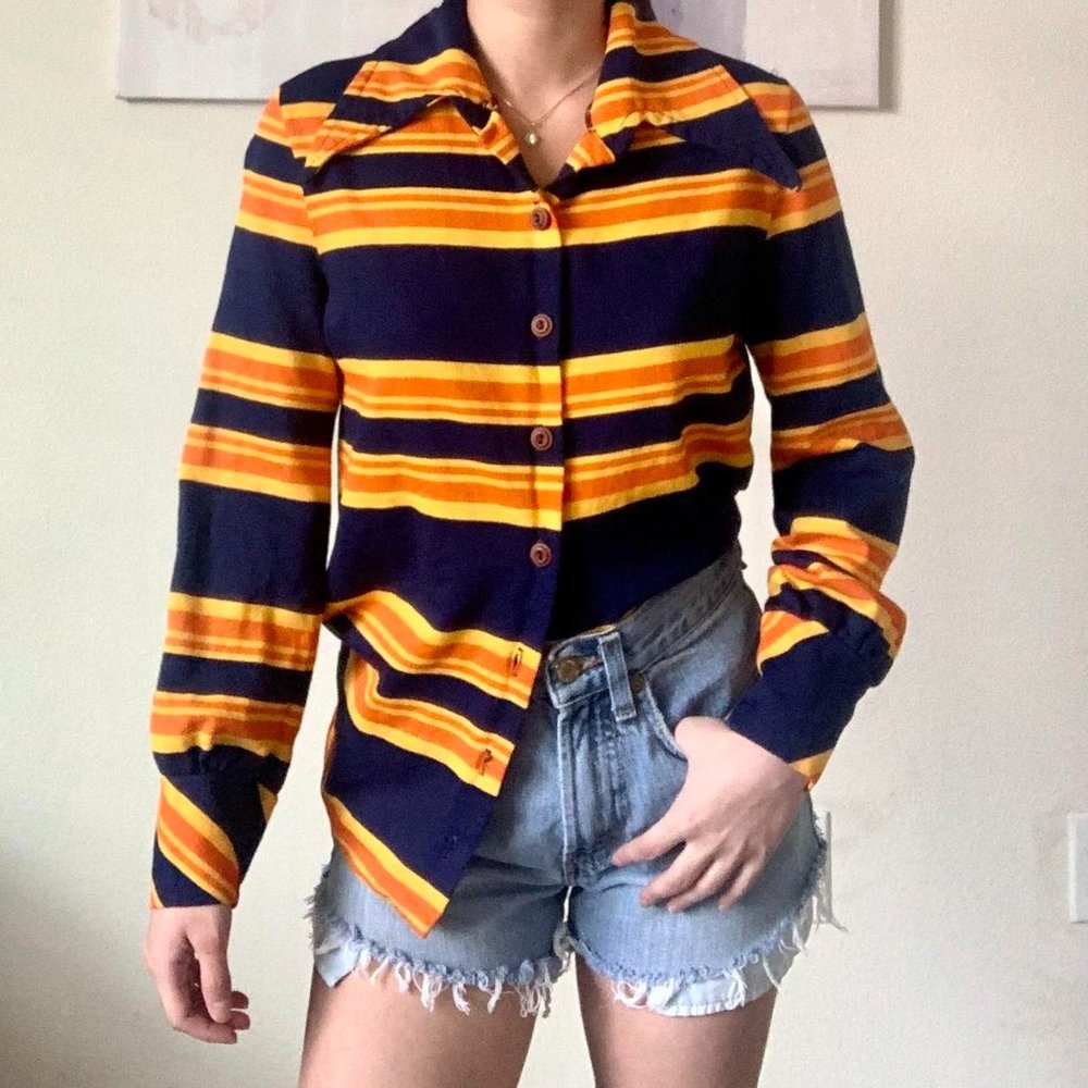 Navy and orange striped vintage 70s collared long sleeve shirt
